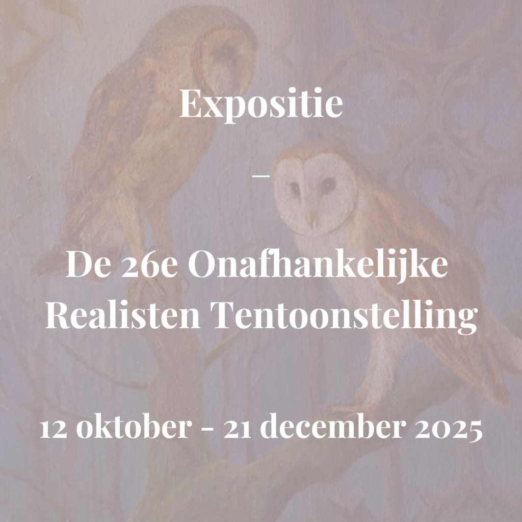Aankondiging Tentoonstelling De 26e Onafhankelijke realisten tentoonstelling, met het schilderij Kerkuilen door Diane Brodie in de achtergrond